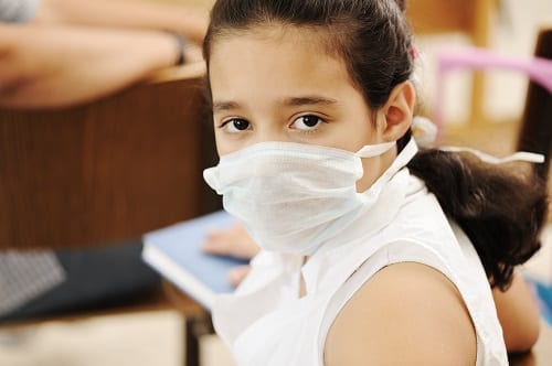 Schoolgirl with medicine mask